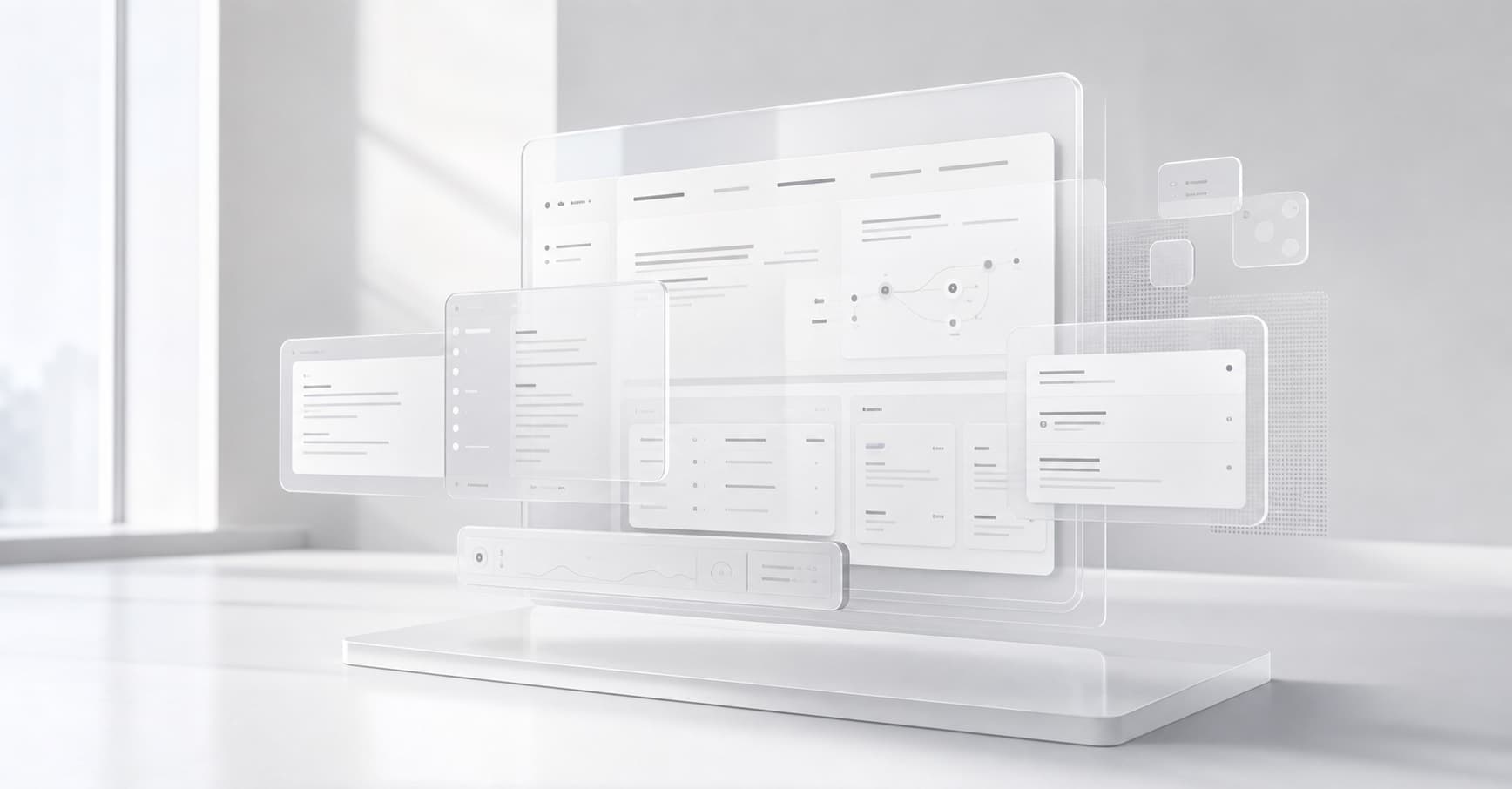 Helles Produktvisual aus digitalen Interface-Ebenen für Webseiten, KI-Chatbots und Assistenzsysteme.